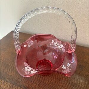 hand-painted Fenton cranberry glass basket